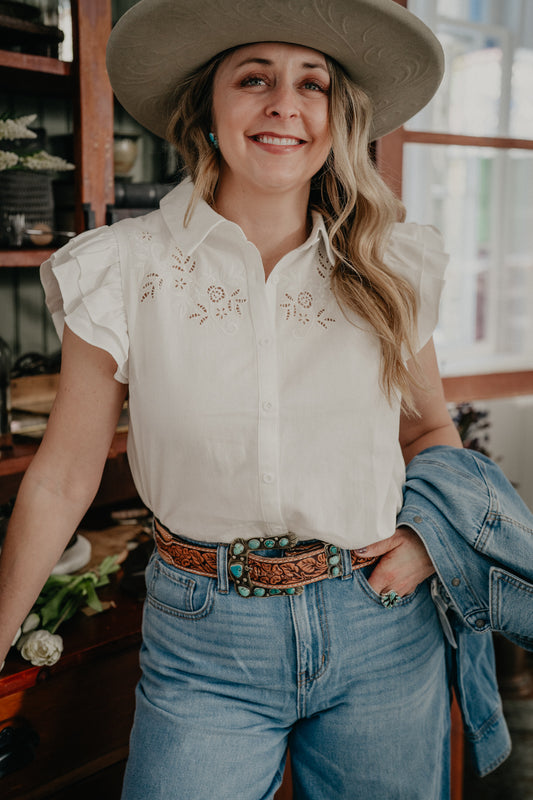 'Odette' Flutter Sleeve Ruffled Button Down (S-L)