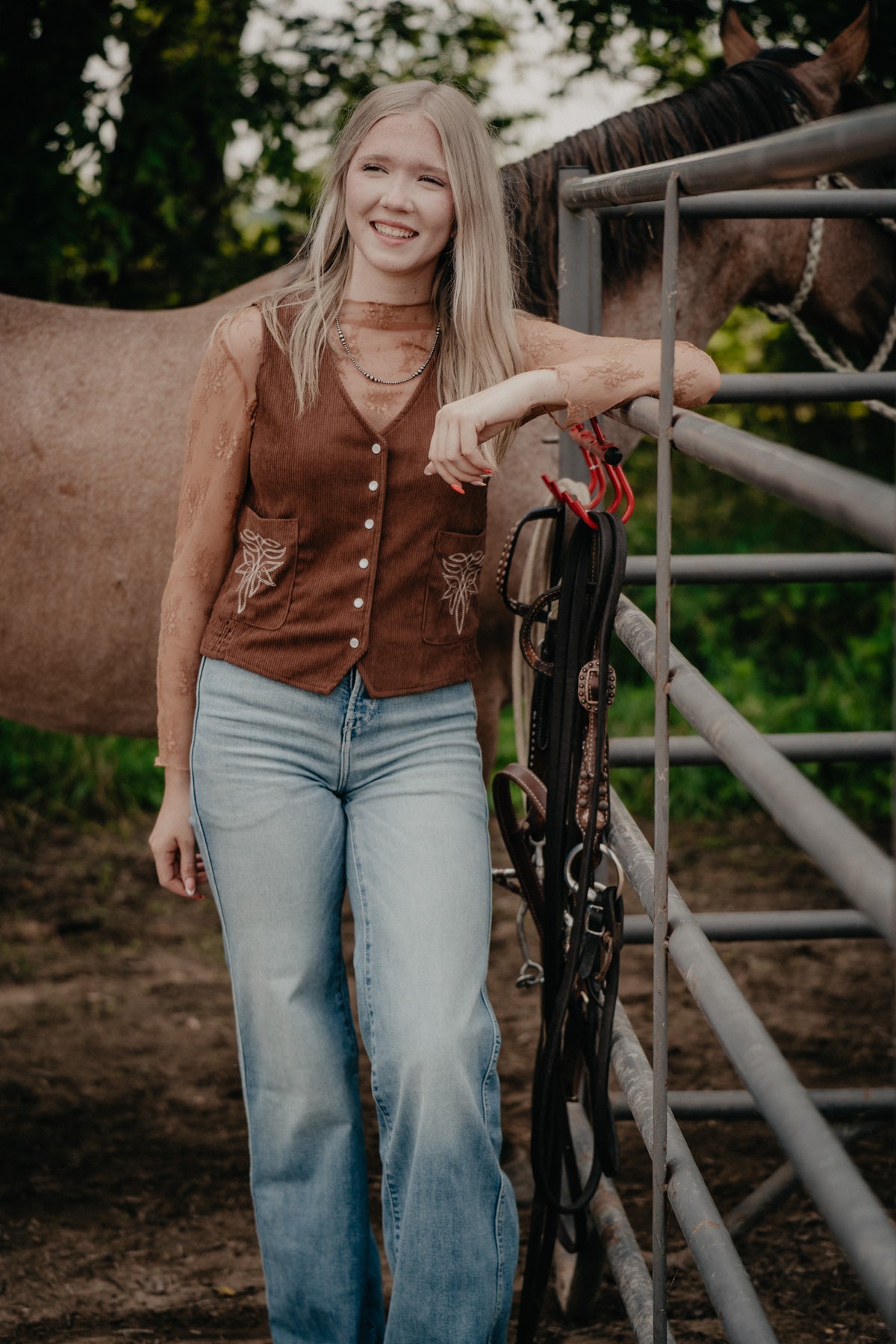 'Maren' Brown Cord Pearl Snap Vest with Bootstitch Detail (S-XL)