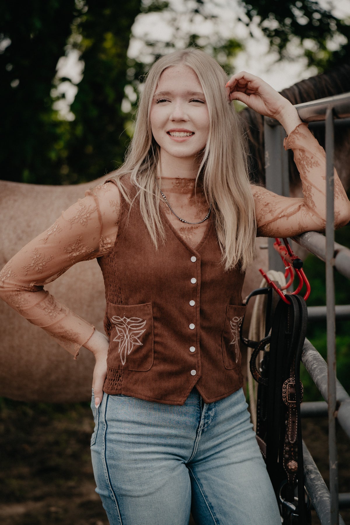 'Maren' Brown Cord Pearl Snap Vest with Bootstitch Detail (S-XL)