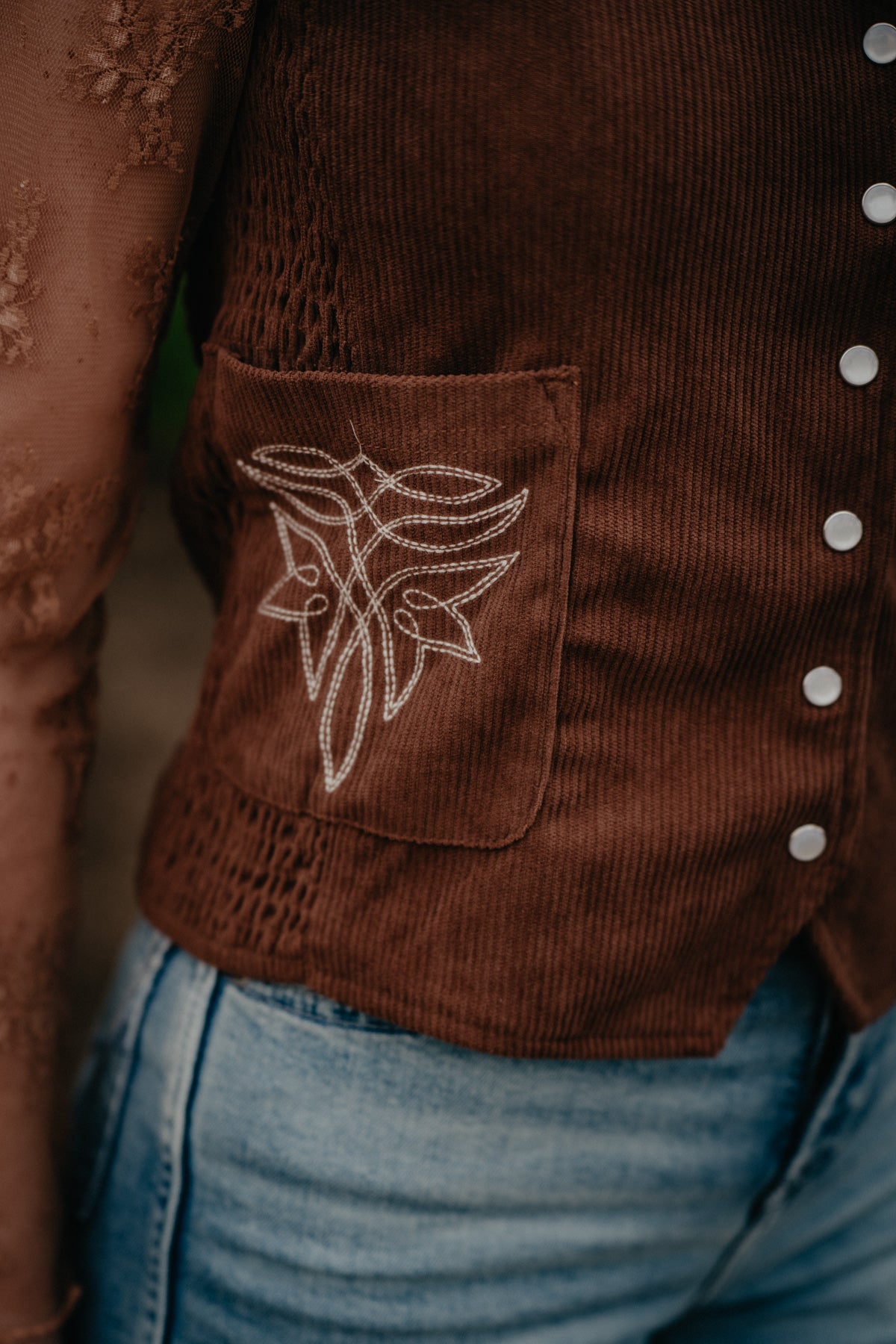 'Maren' Brown Cord Pearl Snap Vest with Bootstitch Detail (S-XL)