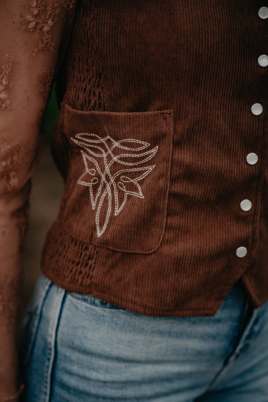 'Maren' Brown Cord Pearl Snap Vest with Bootstitch Detail (S-XL)