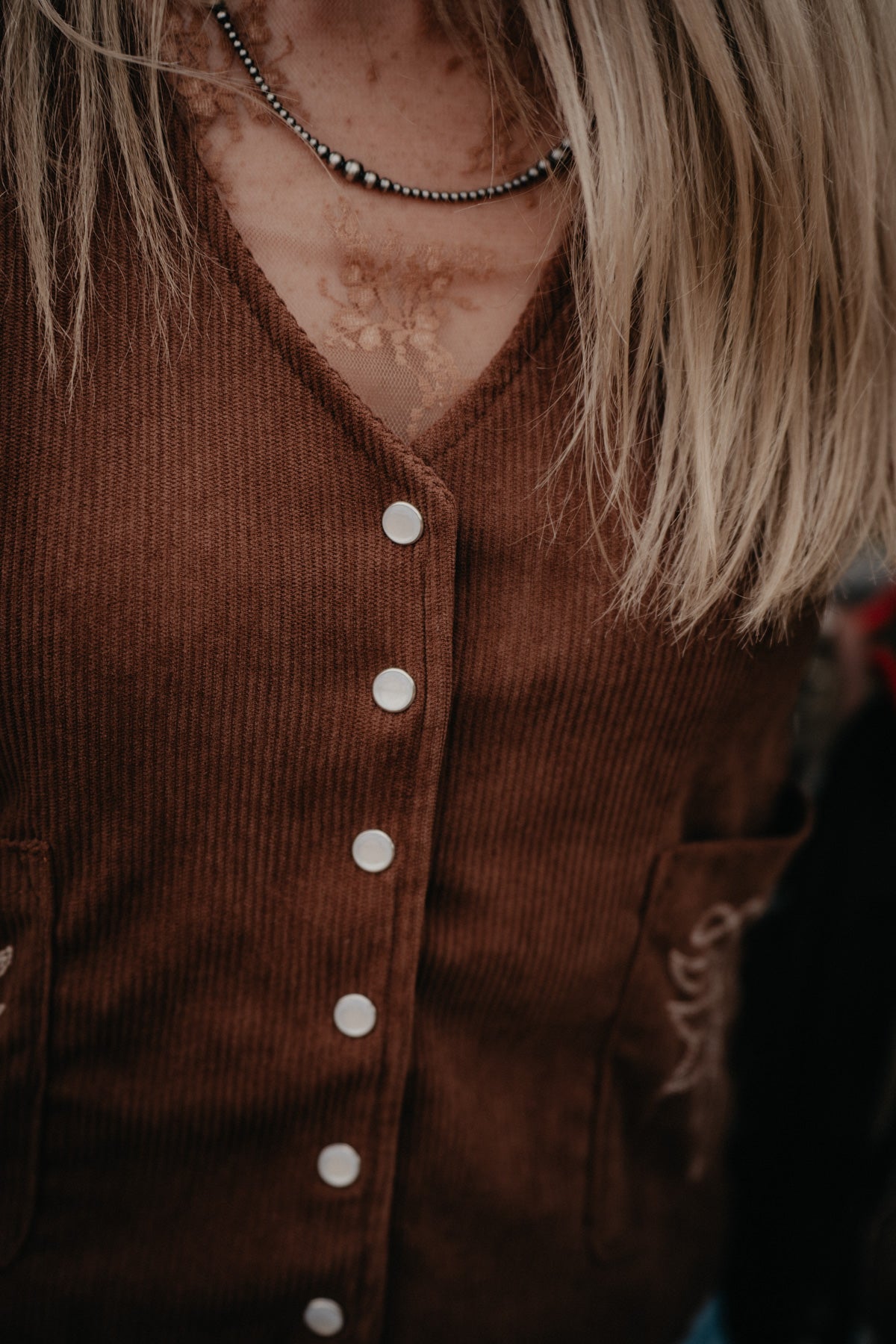 'Maren' Brown Cord Pearl Snap Vest with Bootstitch Detail (S-XL)