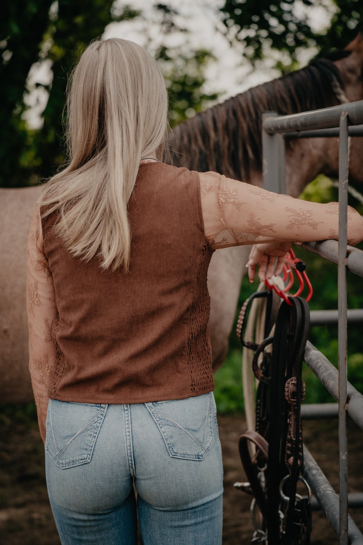 'Maren' Brown Cord Pearl Snap Vest with Bootstitch Detail (S-XL)