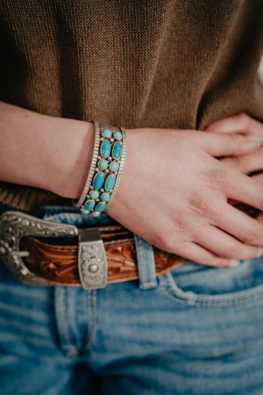 Sterling Turquoise Pattern Cuff With Engraved Detail