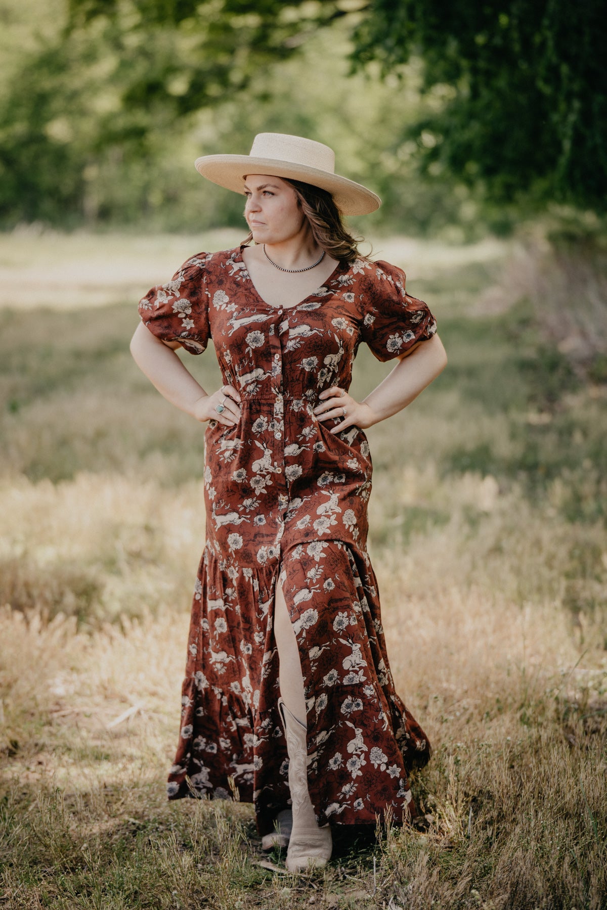 'Lennon' Jackalope & Floral Printed Rust Maxi Dress (S-L)