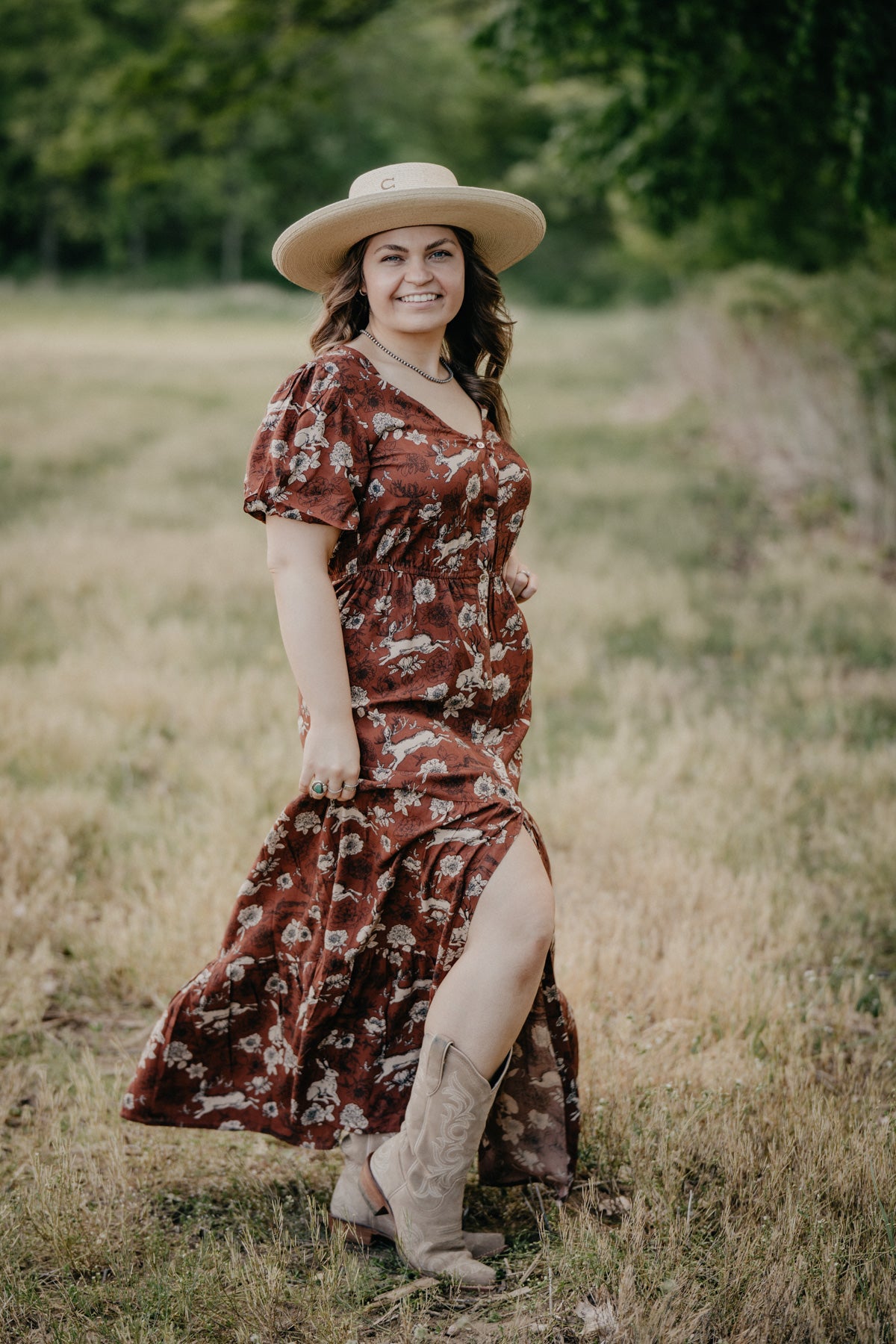 'Lennon' Jackalope & Floral Printed Rust Maxi Dress (S-L)