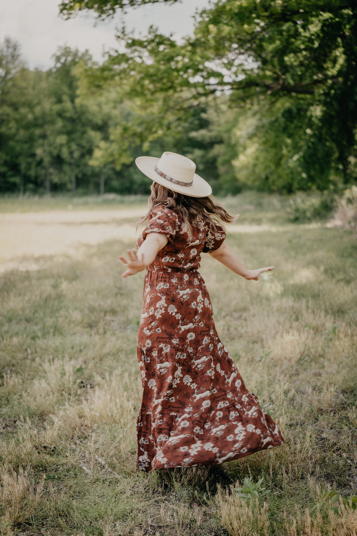 'Lennon' Jackalope & Floral Printed Rust Maxi Dress (S-L)