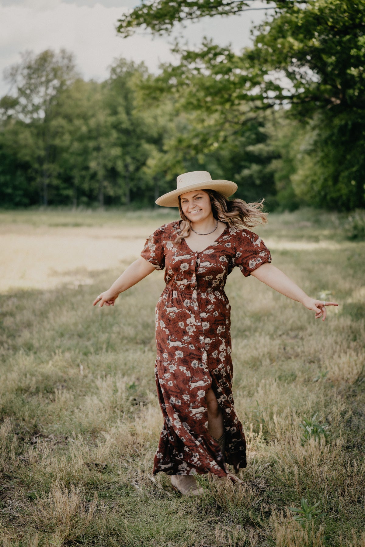 'Lennon' Jackalope & Floral Printed Rust Maxi Dress (S-L)
