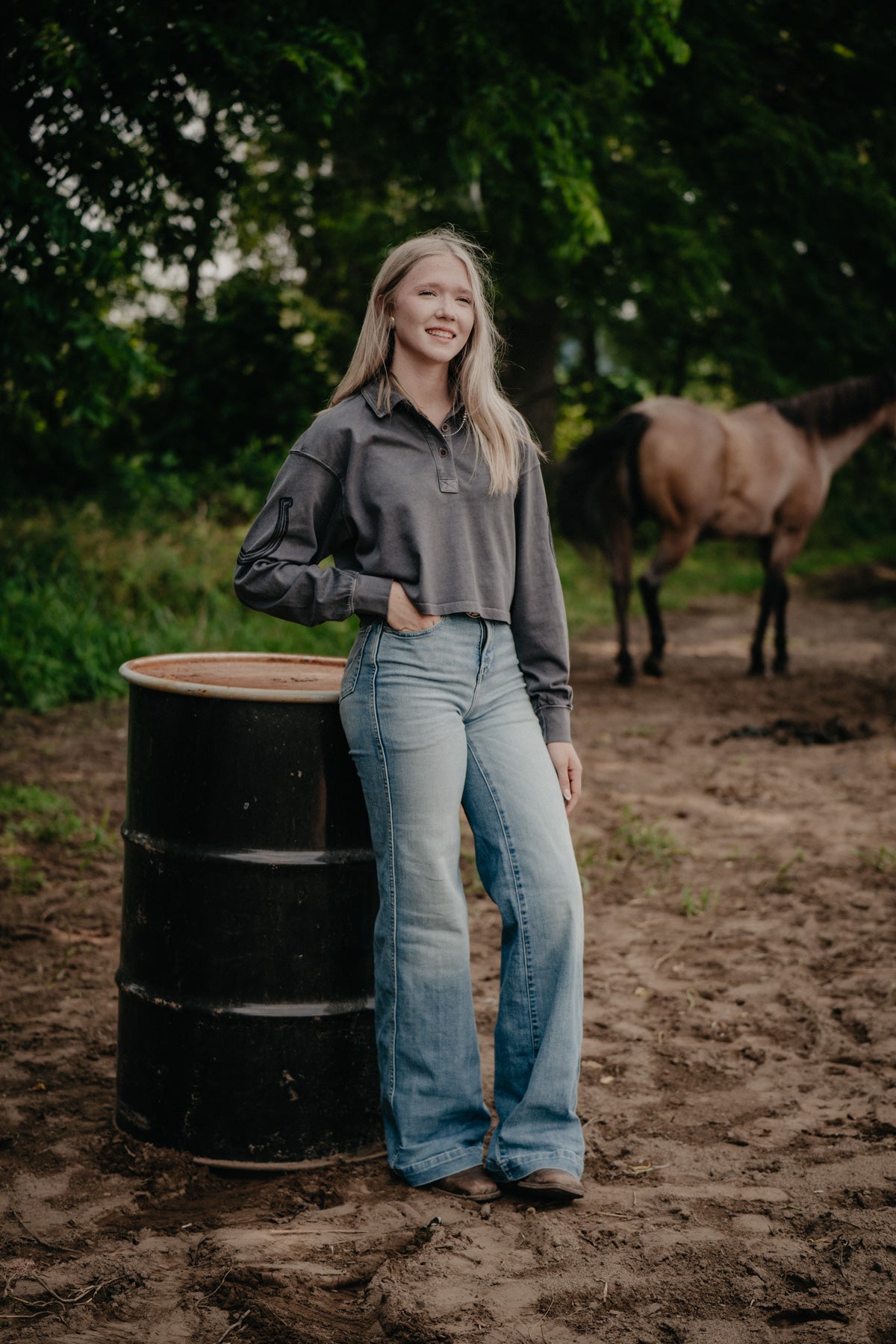 'Lucky' Grey Women's Cropped Long Sleeve Polo by Wrangler