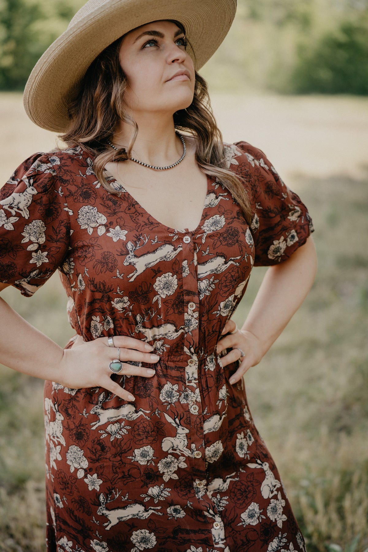 'Lennon' Jackalope & Floral Printed Rust Maxi Dress (S-L)