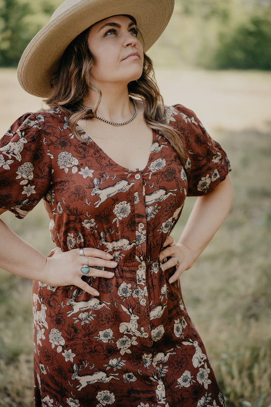 'Lennon' Jackalope & Floral Printed Rust Maxi Dress (S-L)