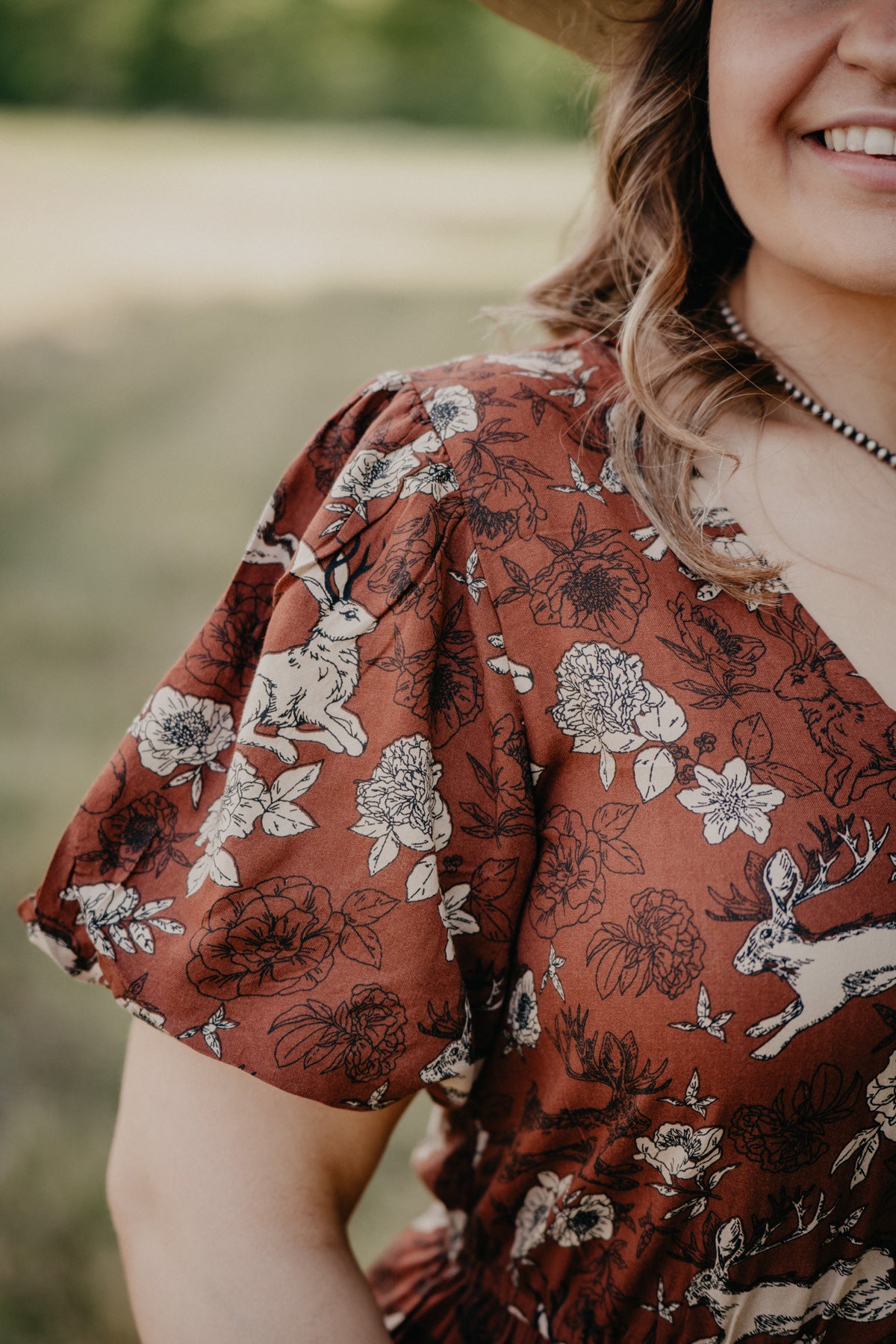 'Lennon' Jackalope & Floral Printed Rust Maxi Dress (S-L)