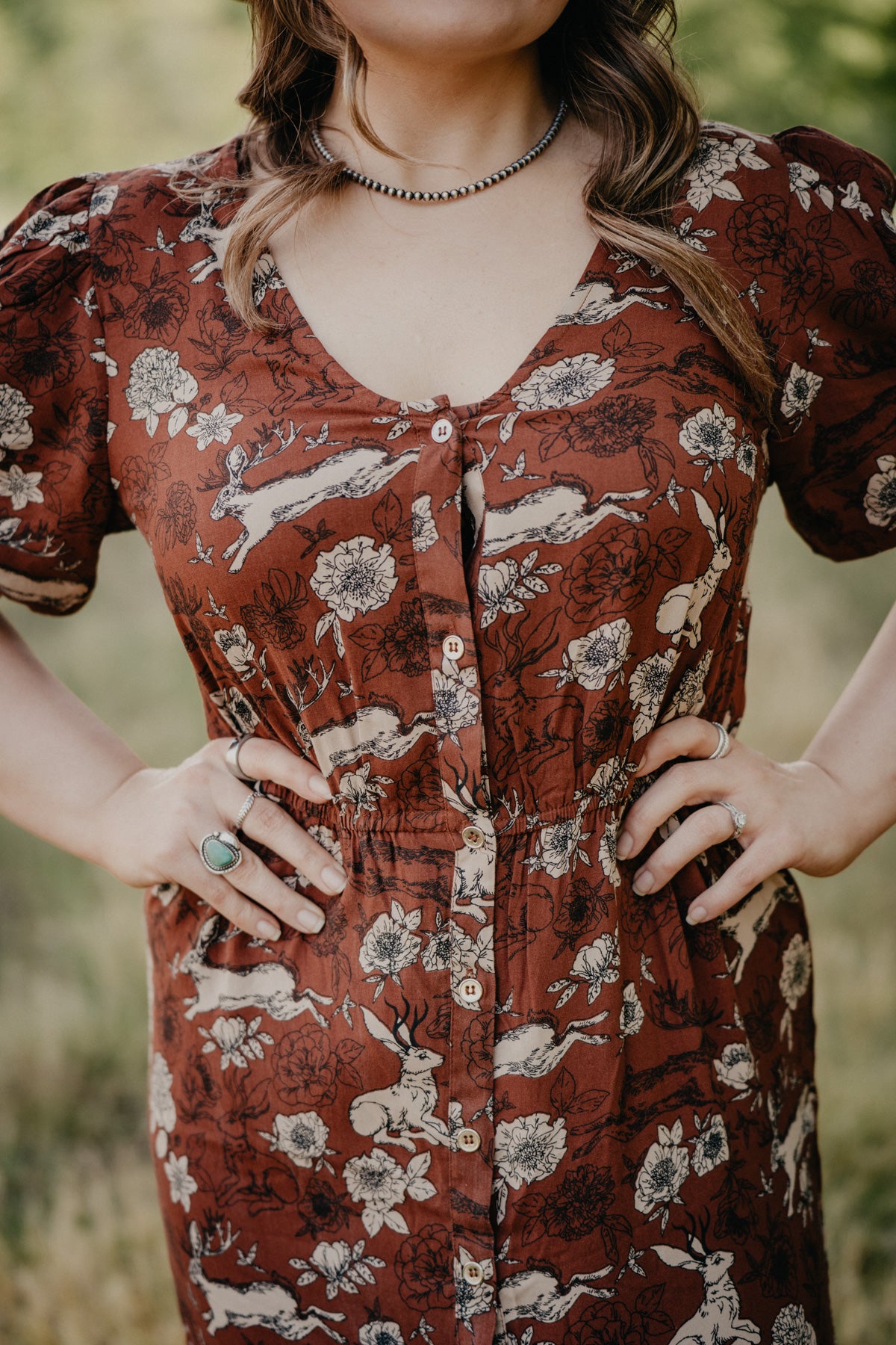 'Lennon' Jackalope & Floral Printed Rust Maxi Dress (S-L)