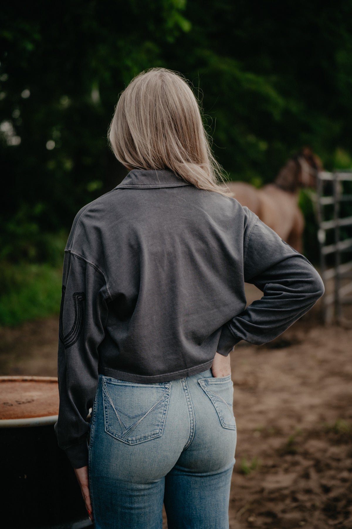 'Lucky' Grey Women's Cropped Long Sleeve Polo by Wrangler