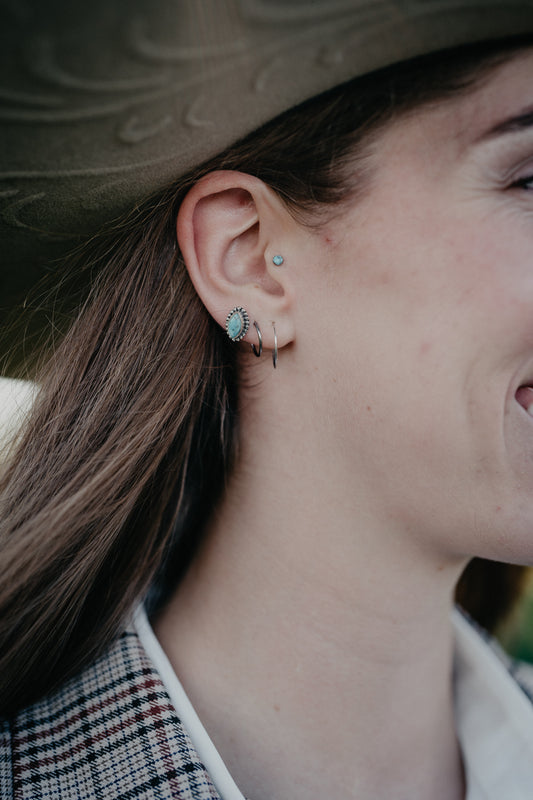 Kingman Turquoise Studded Oval with Single Layered Boarder Earrings