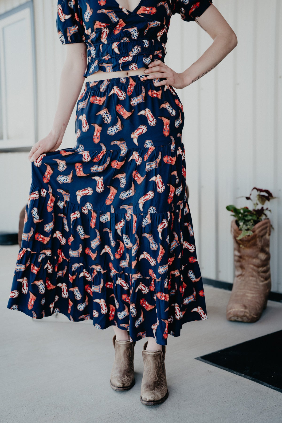 'Maxine' Navy Boot Print Tiered Maxi Skirt by Wrangler (S - XXL)