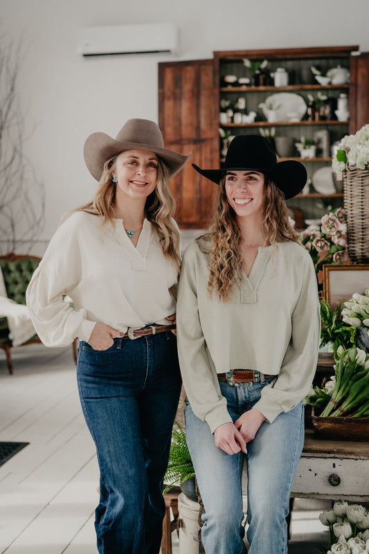 'Rory' Split Neck Long Sleeve Cropped Knit Top (2 Colours; S-L)