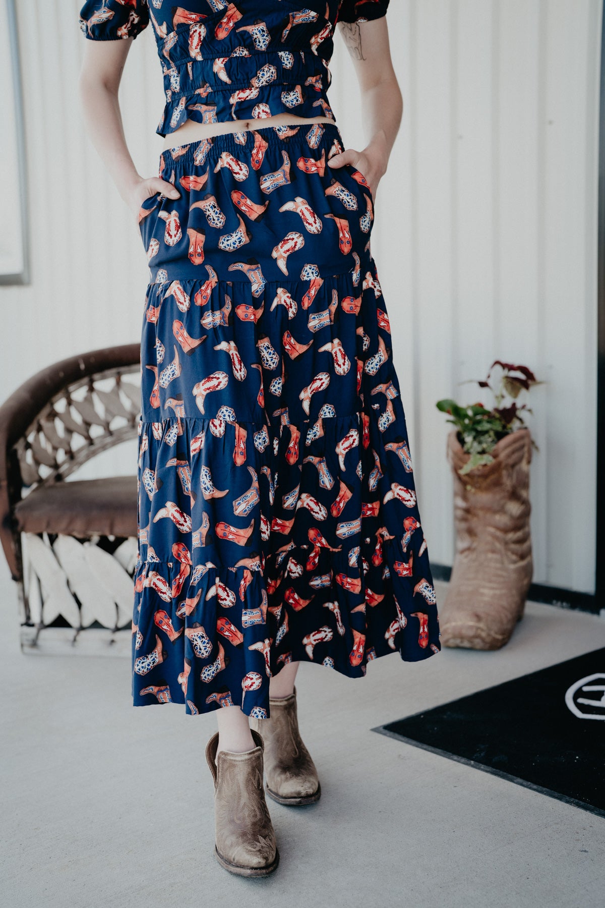 'Maxine' Navy Boot Print Tiered Maxi Skirt by Wrangler (S - XXL)