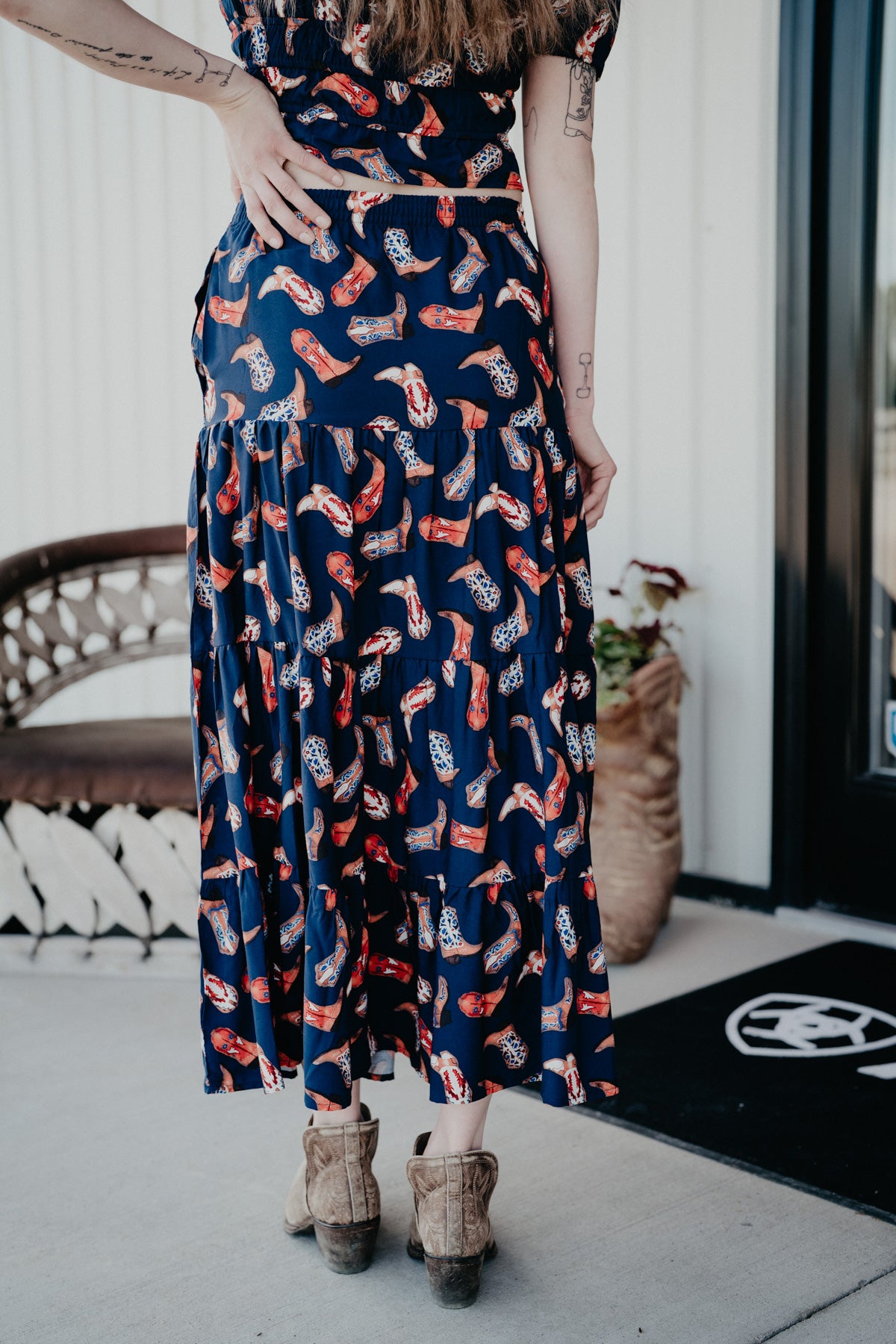 'Maxine' Navy Boot Print Tiered Maxi Skirt by Wrangler (S - XXL)