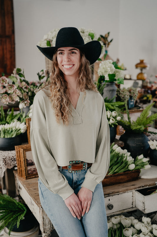 'Rory' Split Neck Long Sleeve Cropped Knit Top (2 Colours; S-L)