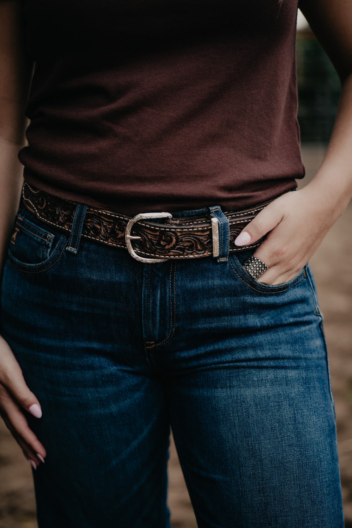 Vintage Brown Belt with Figure 8 Stitched Roughout and Floral Tooled Billets by Double J Saddlery (1 1/2")