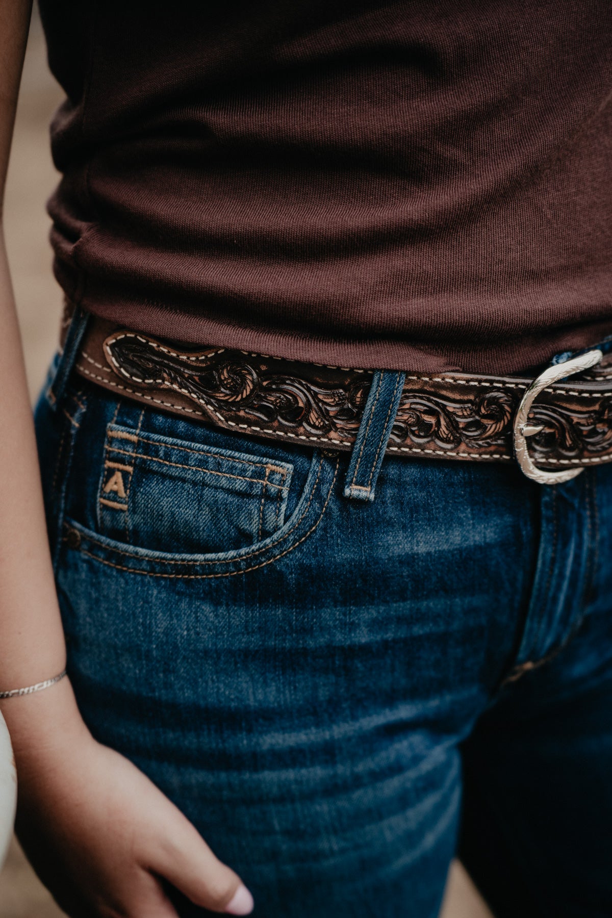 Vintage Brown Belt with Figure 8 Stitched Roughout and Floral Tooled Billets by Double J Saddlery (1 1/2")