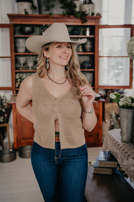 'Reya' Button Detail Split Hem Crochet Knit Vest (S-L)