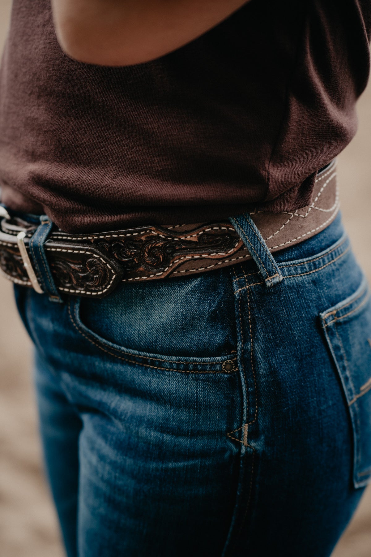 Vintage Brown Belt with Figure 8 Stitched Roughout and Floral Tooled Billets by Double J Saddlery (1 1/2")