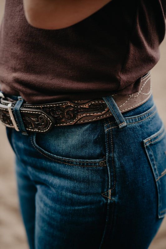 Vintage Brown Belt with Figure 8 Stitched Roughout and Floral Tooled Billets by Double J Saddlery (1 1/2")