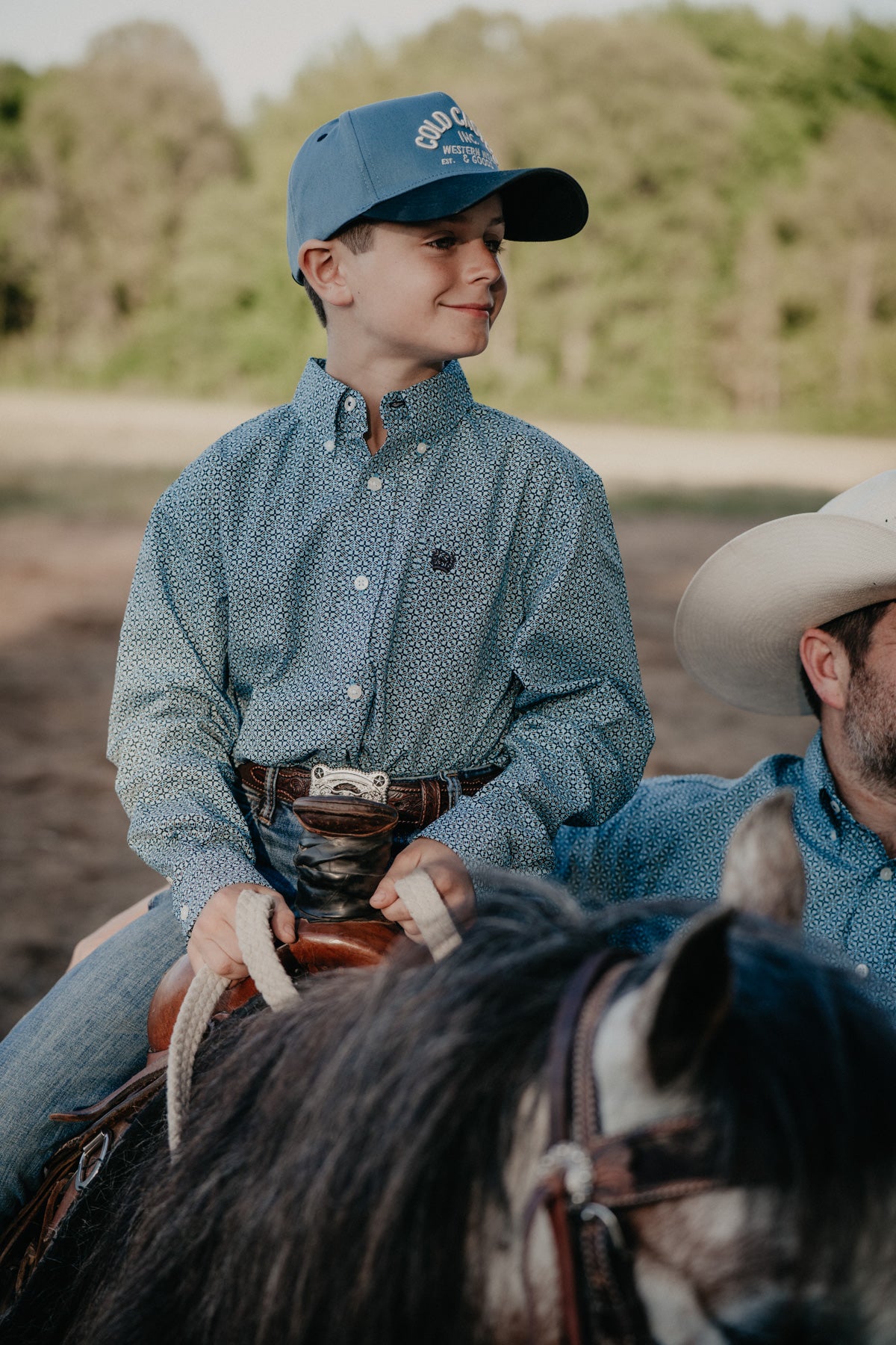 'Bluewater Jr' CINCH Boy's Long Sleeve Blue Geometric Print Button Up (XS-XXL)