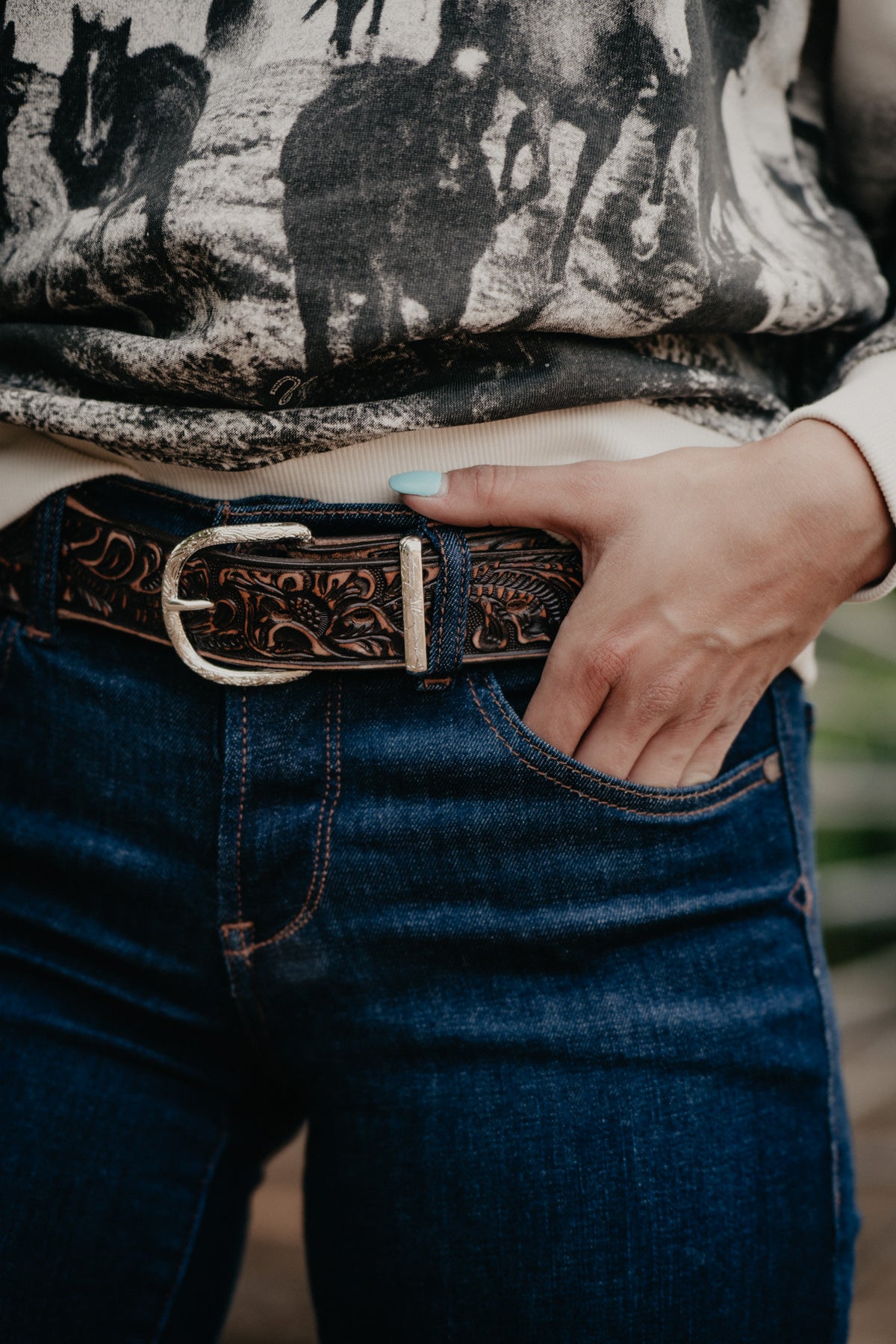 Tapered Vintage Floral Tooled Leather Belt with Black Buckstitch by Double J