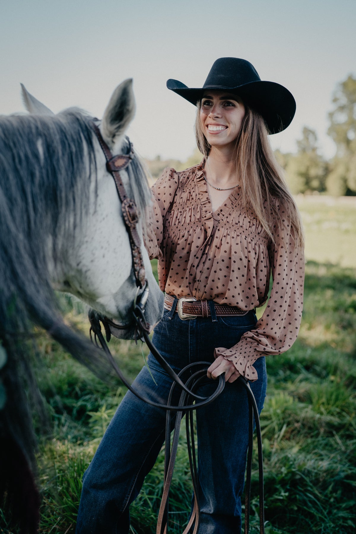 'Dottie' Women's Brown Polka Dot Smoked Blouse
