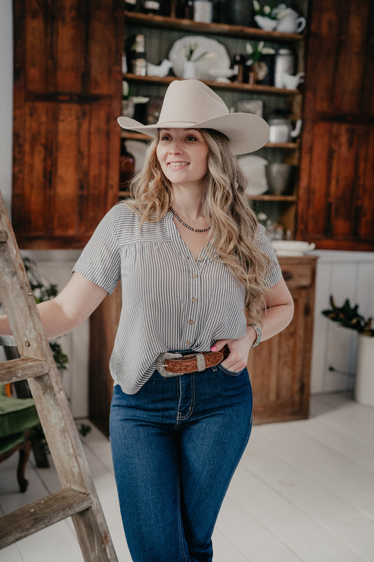 'Delphia' Navy Pinstripe Button Up Blouse (S-XXXL)