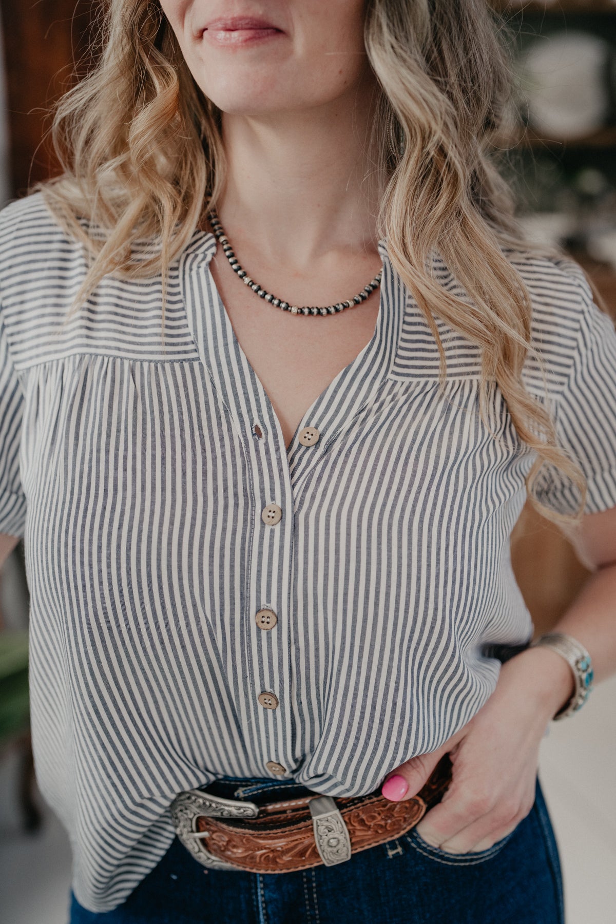 'Delphia' Navy Pinstripe Button Up Blouse (S-XXXL)