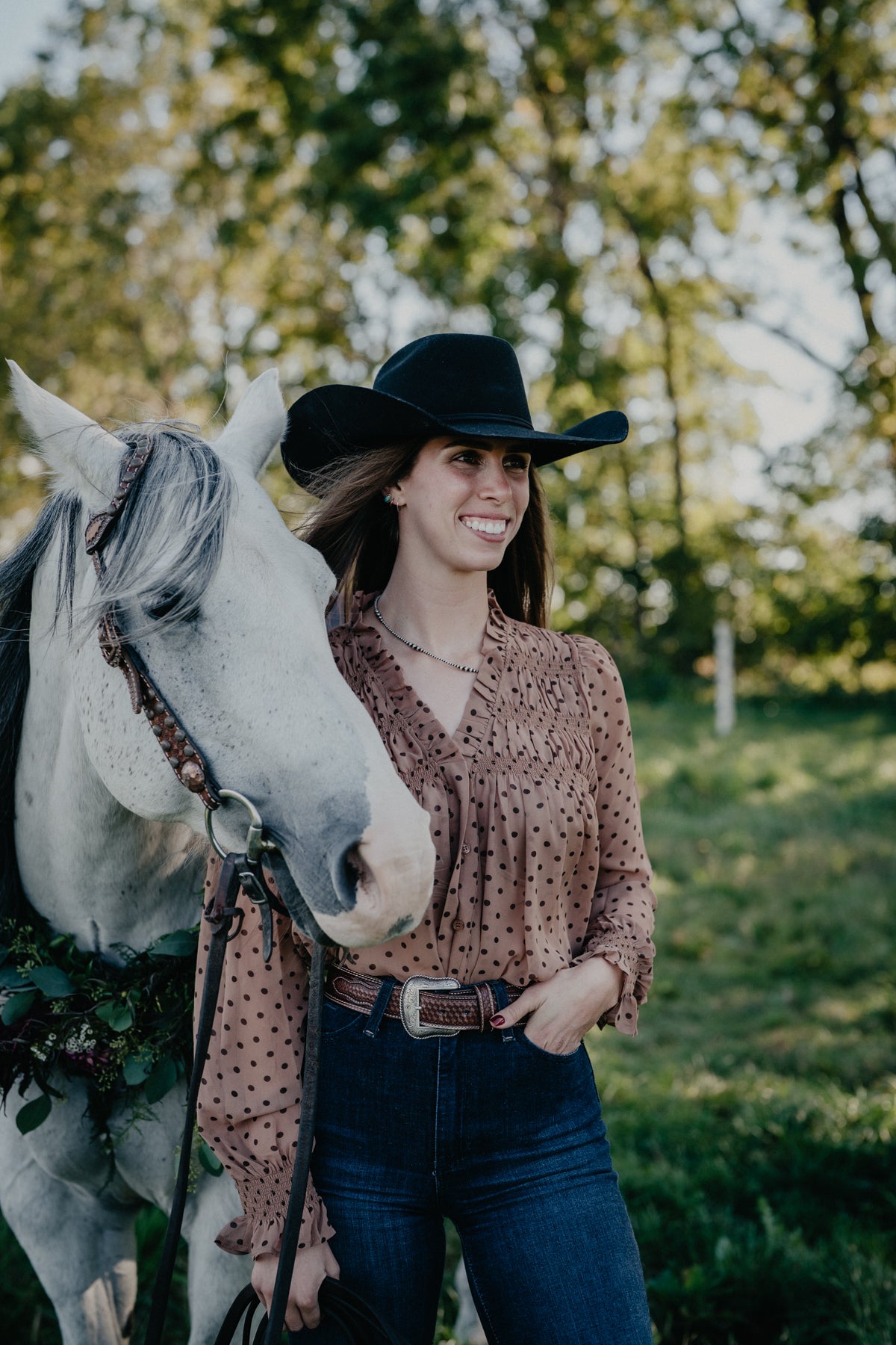 'Dottie' Women's Brown Polka Dot Smoked Blouse
