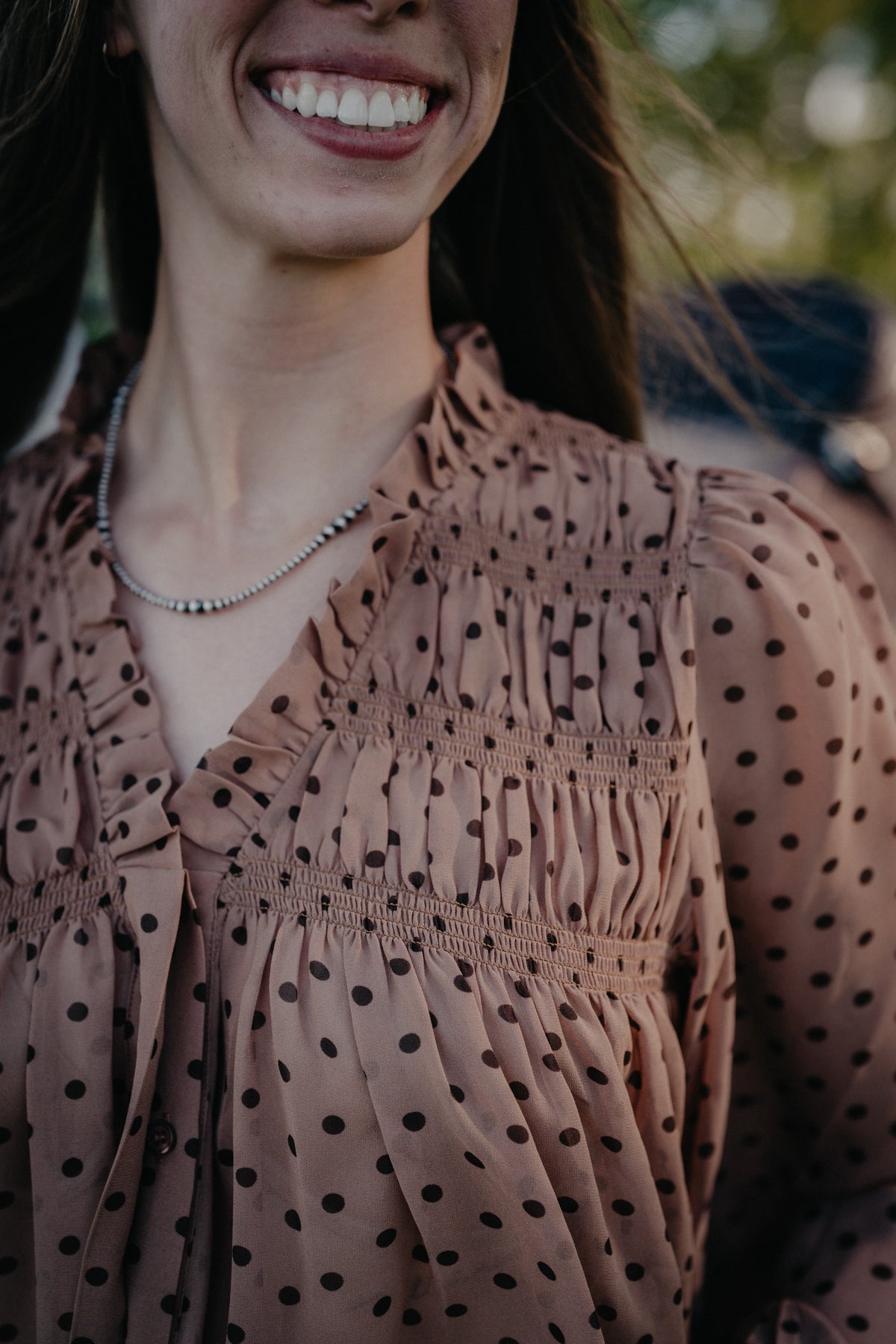 'Dottie' Women's Brown Polka Dot Smoked Blouse