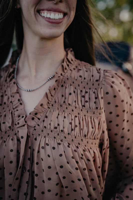 'Dottie' Women's Brown Polka Dot Smoked Blouse
