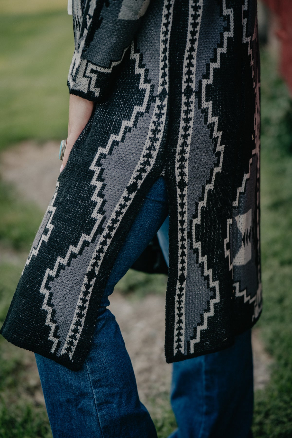 'Arcadia' Black and Grey Aztec Knit Duster by Rock & Roll Denim