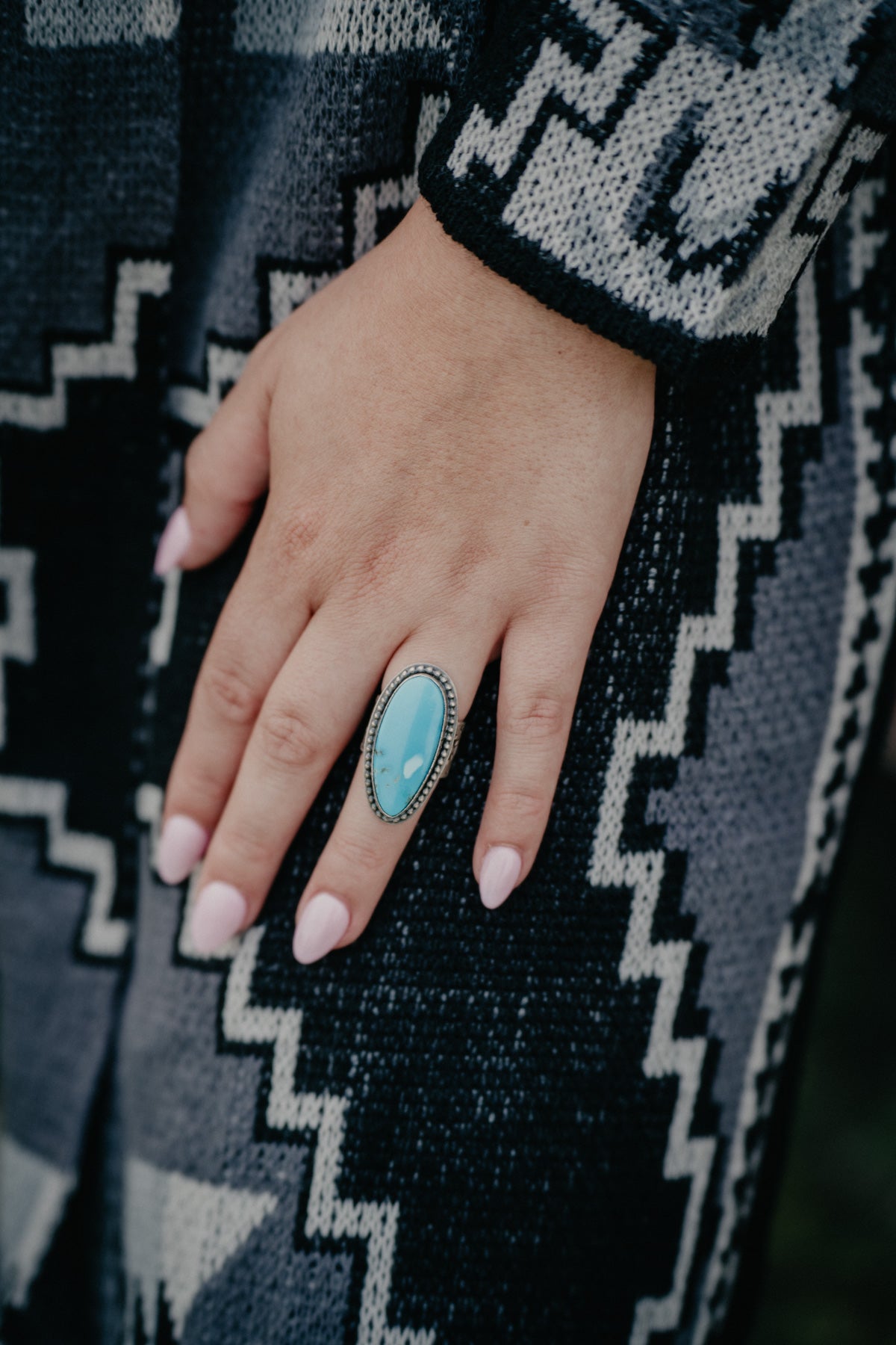 Blue Turquoise Ring with Beaded Boarder and Etched Band (Size 7)