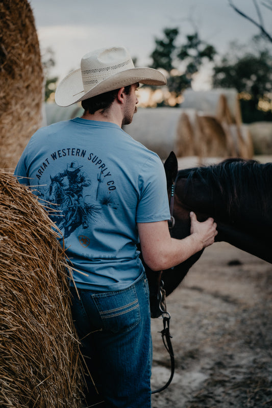 "Blazing Saddle" Ariat Men's Graphic T-Shirt Coronet Blue (S-XXL)