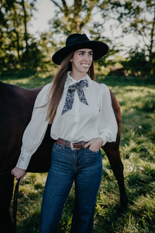 'Ivory' Women's White Horse Embroidered Collar Blouse