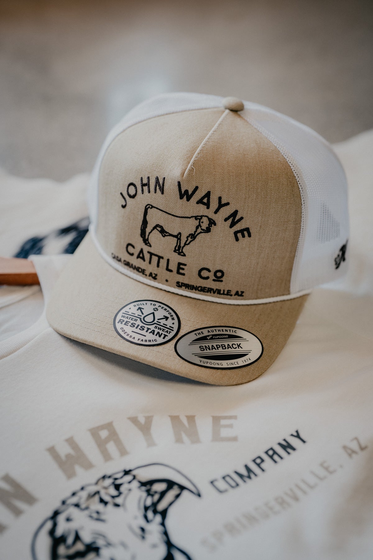 'John Wayne Cattle Co' Tan/White 5-Panel Trucker Hat by Hooey