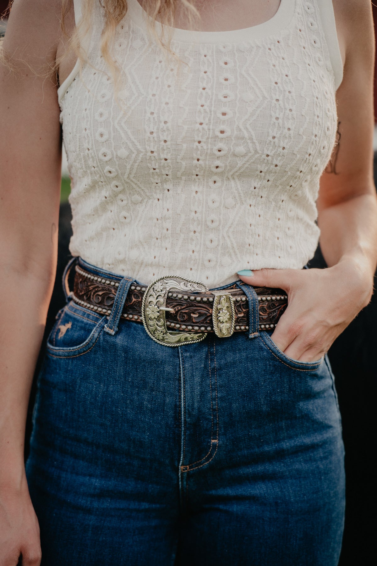 Antique Brown Floral Tooled Vintage Belt with Stud Accents by Double J