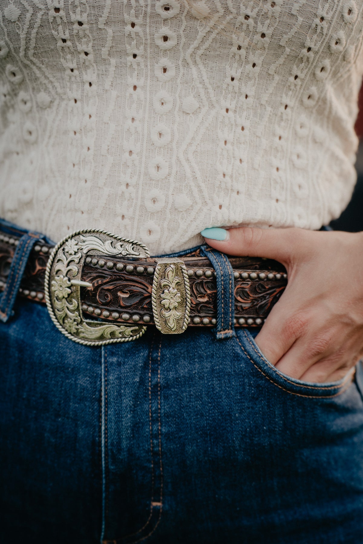 Antique Brown Floral Tooled Vintage Belt with Stud Accents by Double J