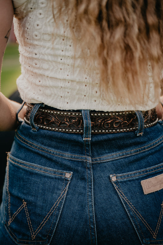 Antique Brown Floral Tooled Vintage Belt with Stud Accents by Double J