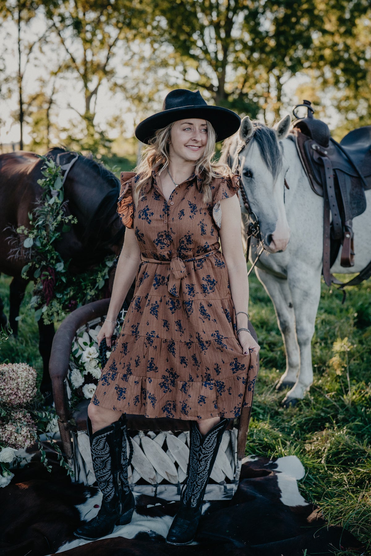 'Cobalt Thistle' Flutter Sleeve Button Front Dress