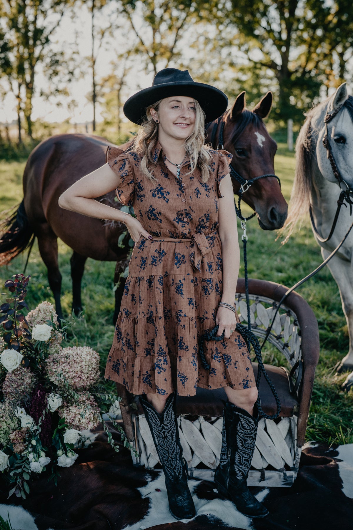 'Cobalt Thistle' Flutter Sleeve Button Front Dress