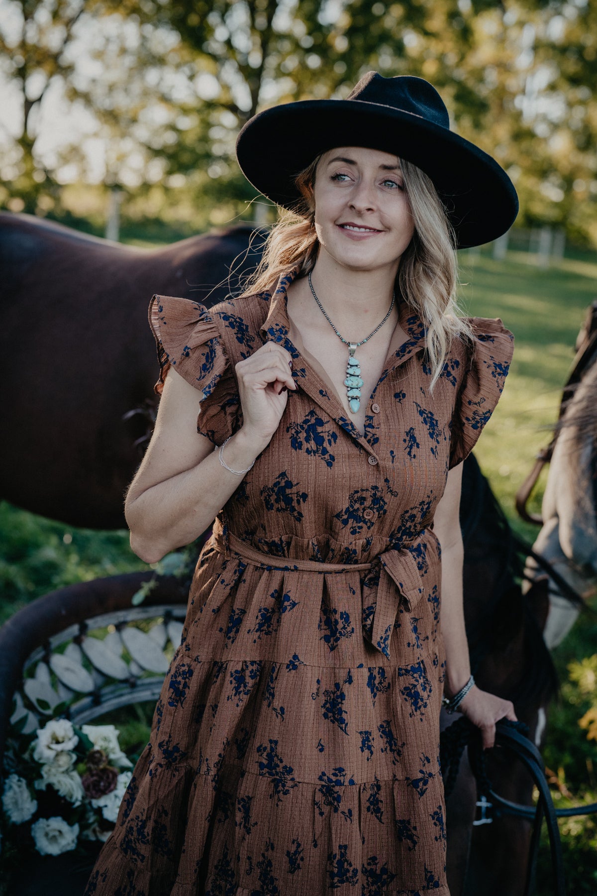 'Cobalt Thistle' Flutter Sleeve Button Front Dress