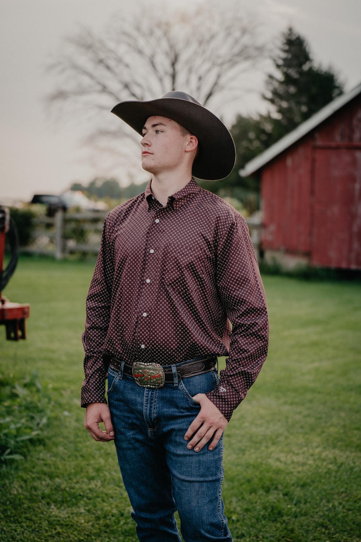 'Burgundy Trail' Mens Burgundy with White Cross Detail Button Down by Wrangler X COJO