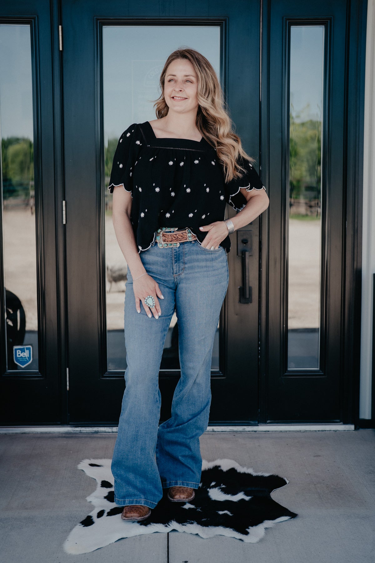 'Blossom' Floral Embroidered Black Square Neck Top (S-L)